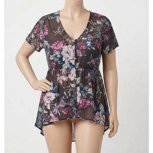 TORRID Blouse Plus 2X Gray Floral Sheer Chiffon Button up Babydoll Tunic Hi Lo